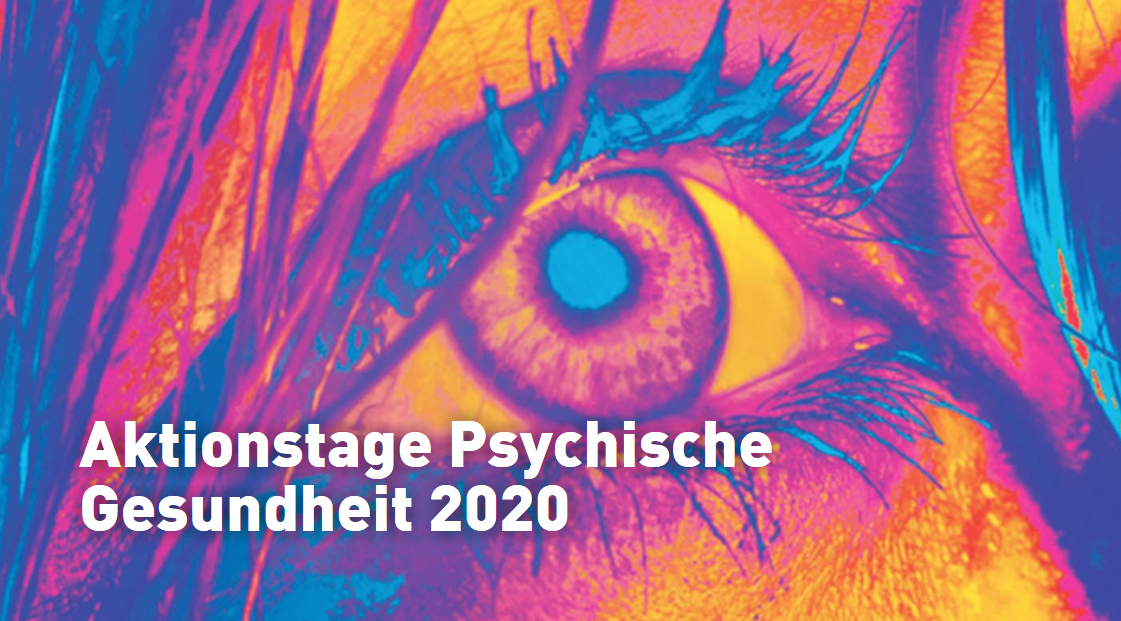 Bild Auge in violett, gelb und blau. Schrift "Aktionstage Psychische Gesundheit 2020"