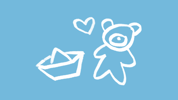Illustration Schiff, Bär, Herz auf blauem Hintergrund